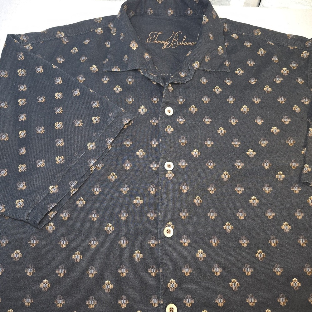 Tommy Bahama Men's XL Black Silk Blend Vacation‎ Geo Medallion Print Camp Shirt